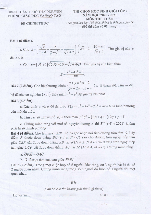 Đề thi học sinh giỏi Toán 9 năm 2020 – 2021 phòng GD&ĐT thành phố Thái Nguyên