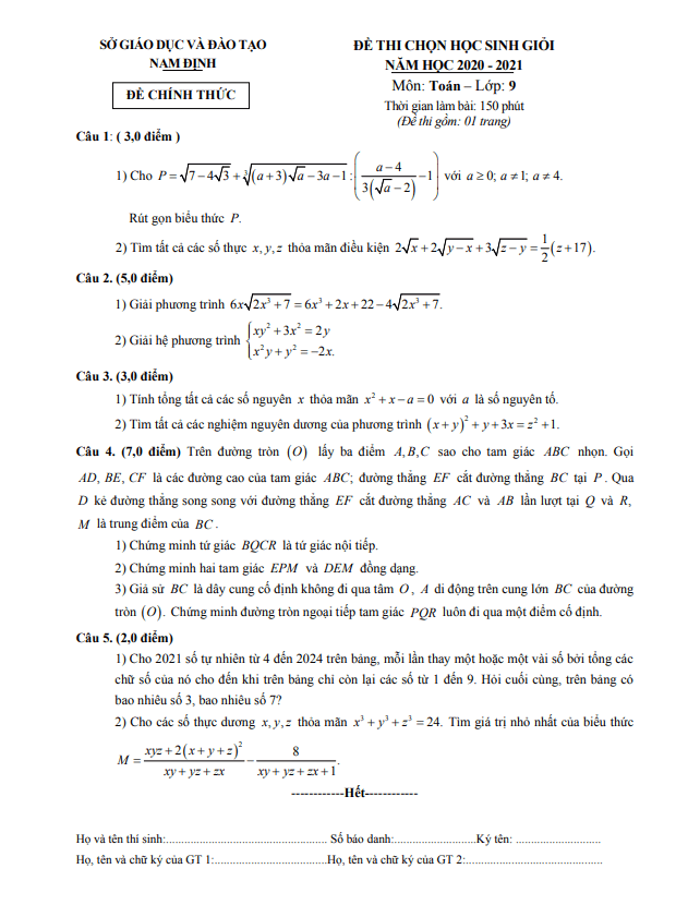 Đề thi học sinh giỏi Toán 9 năm 2020 – 2021 sở GD&ĐT Nam Định