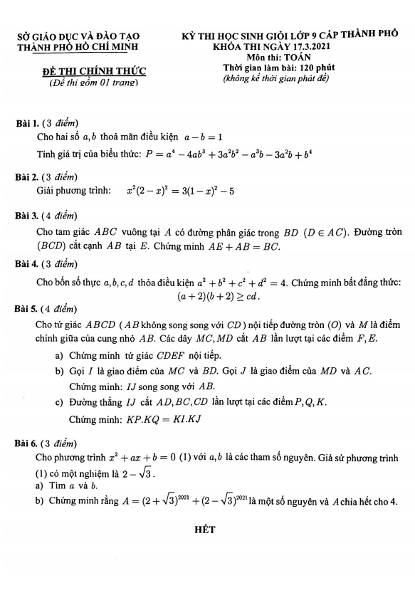 Đề thi học sinh giỏi Toán 9 năm 2020 – 2021 sở GD&ĐT thành phố Hồ Chí Minh
