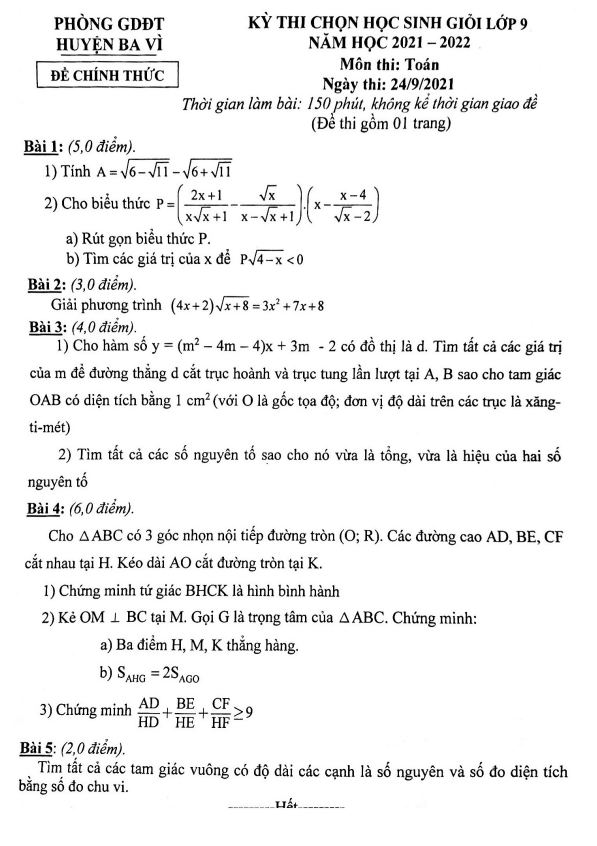 Đề thi học sinh giỏi Toán 9 năm 2021 – 2022 phòng GD&ĐT huyện Ba Vì – Hà Nội