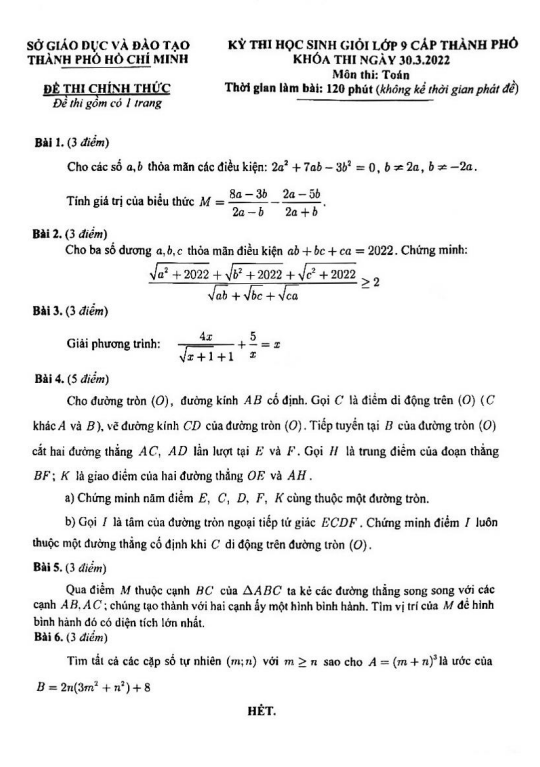 Đề thi học sinh giỏi Toán 9 năm 2021 – 2022 sở GD&ĐT TP Hồ Chí Minh