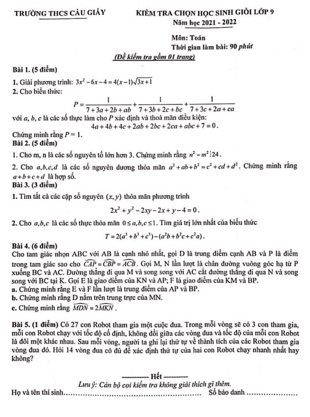 Đề thi học sinh giỏi Toán 9 năm 2021 – 2022 trường THCS Cầu Giấy – Hà Nội