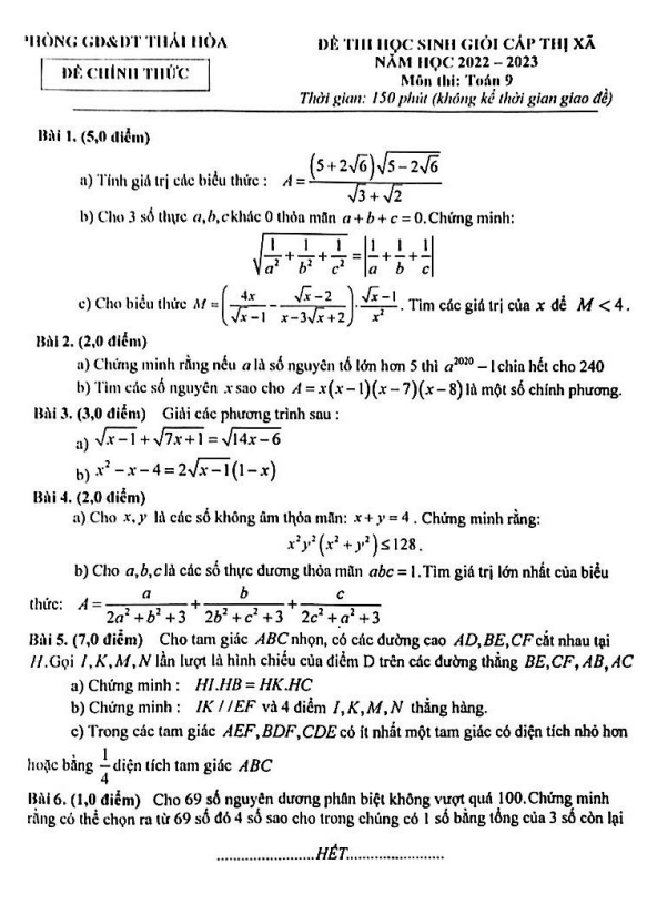 Đề thi học sinh giỏi Toán 9 năm 2022 – 2023 phòng GD&ĐT Thái Hòa – Nghệ An
