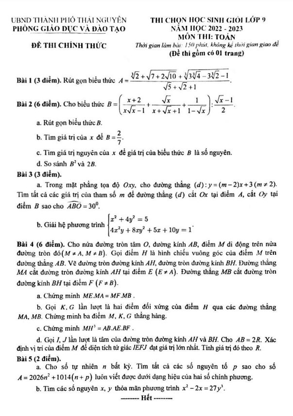 Đề thi học sinh giỏi Toán 9 năm 2022 – 2023 phòng GD&ĐT thành phố Thái Nguyên