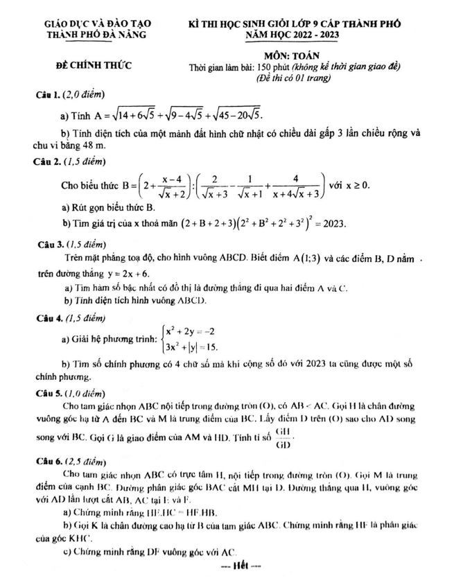 Đề thi học sinh giỏi Toán 9 năm 2022 – 2023 sở GD&ĐT thành phố Đà Nẵng
