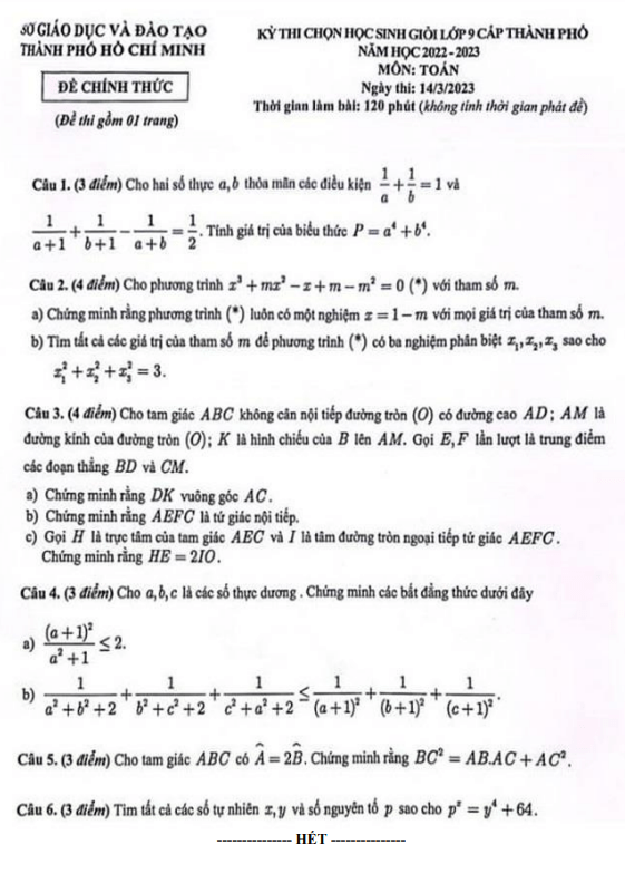 Đề thi học sinh giỏi Toán 9 năm 2022 – 2023 sở GD&ĐT TP Hồ Chí Minh