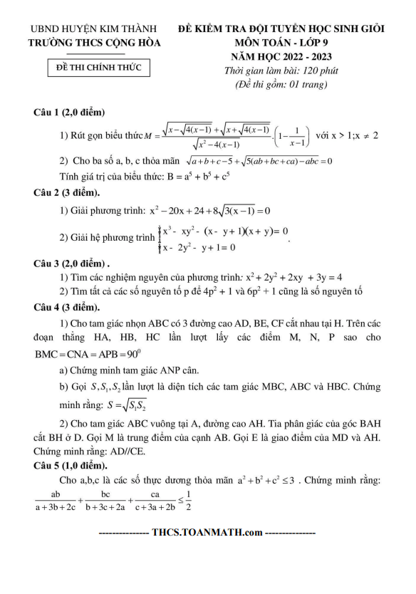 Đề thi học sinh giỏi Toán 9 năm 2022 – 2023 trường THCS Cộng Hòa – Hải Dương