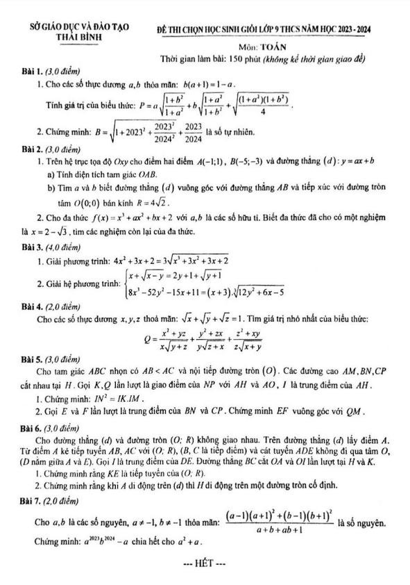 Đề thi học sinh giỏi Toán 9 năm 2023 – 2024 sở GD&ĐT Thái Bình