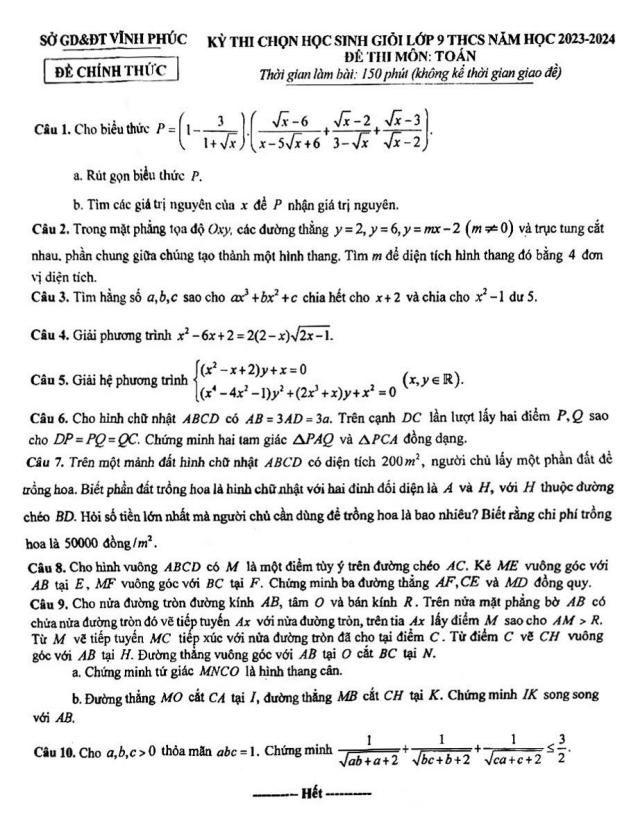 Đề thi học sinh giỏi Toán 9 năm 2023 – 2024 sở GD&ĐT Vĩnh Phúc