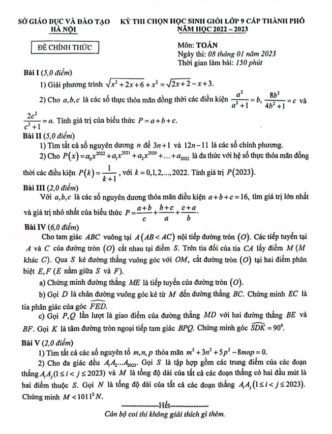 Đề thi học sinh giỏi Toán 9 năm học 2022 – 2023 sở GD&ĐT Hà Nội