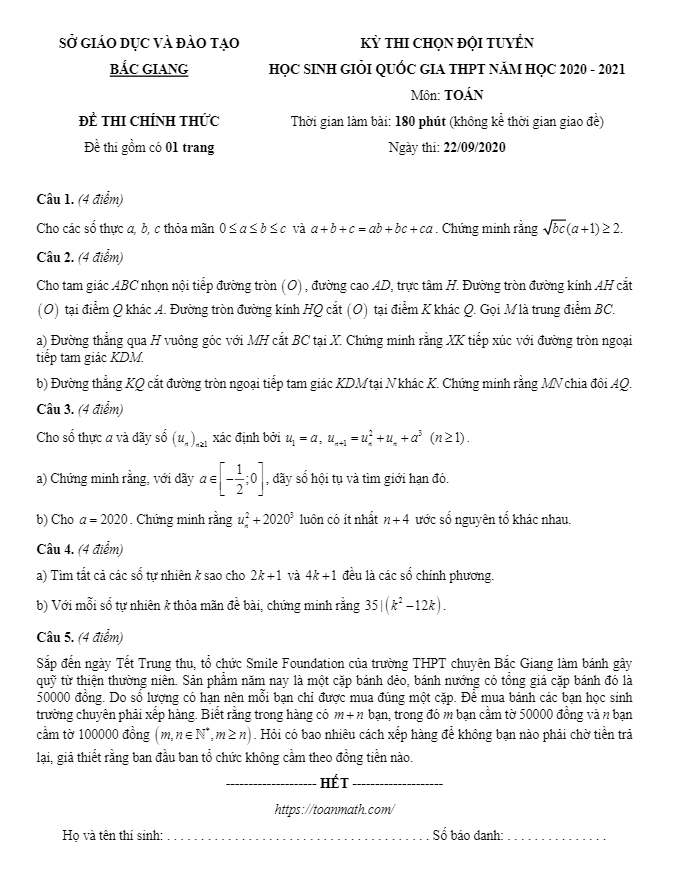 Đề thi học sinh giỏi Toán năm học 2020 – 2021 sở GD&ĐT Bắc Giang