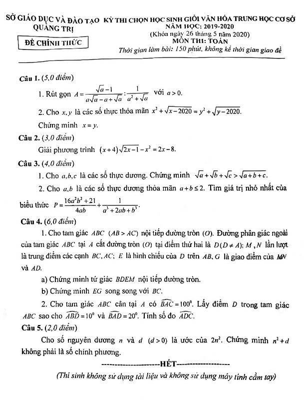 Đề thi học sinh giỏi Toán THCS năm 2019 – 2020 sở GD&ĐT Quảng Trị