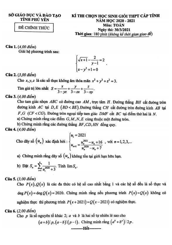 Đề thi học sinh giỏi Toán THPT cấp tỉnh năm 2020 – 2021 sở GD&ĐT Phú Yên