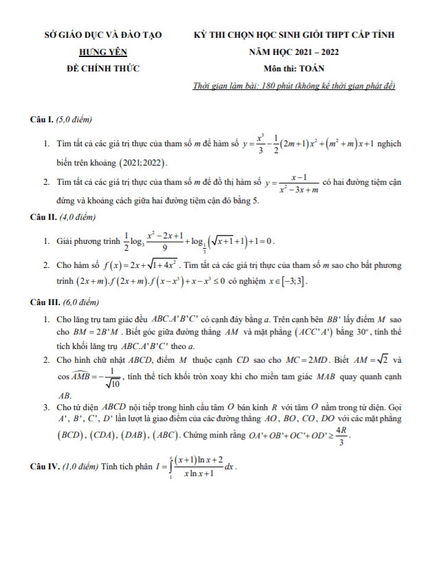 Đề thi học sinh giỏi Toán THPT cấp tỉnh năm 2021 – 2022 sở GD&ĐT Hưng Yên