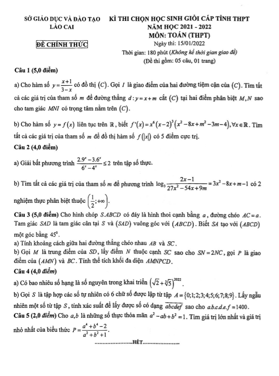 Đề thi học sinh giỏi Toán THPT cấp tỉnh năm 2021 – 2022 sở GD&ĐT Lào Cai