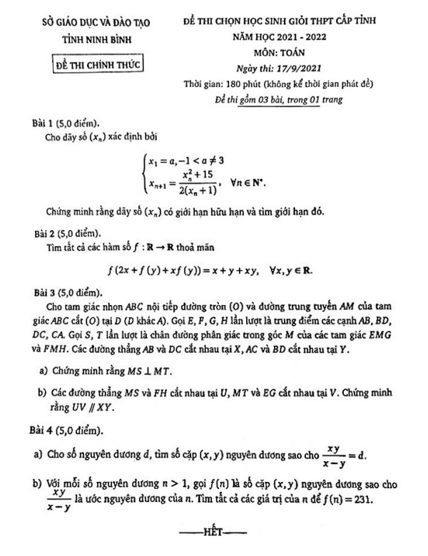 Đề thi học sinh giỏi Toán THPT cấp tỉnh năm 2021 – 2022 sở GD&ĐT Ninh Bình