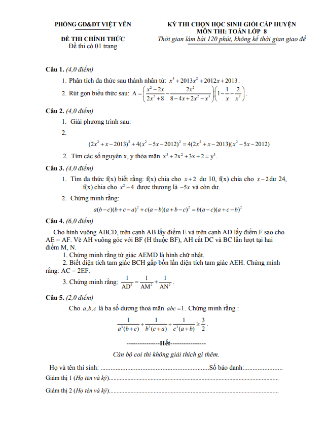 Đề thi HSG cấp huyện Toán 8 năm 2012 – 2013 phòng GD&ĐT Việt Yên – Bắc Giang