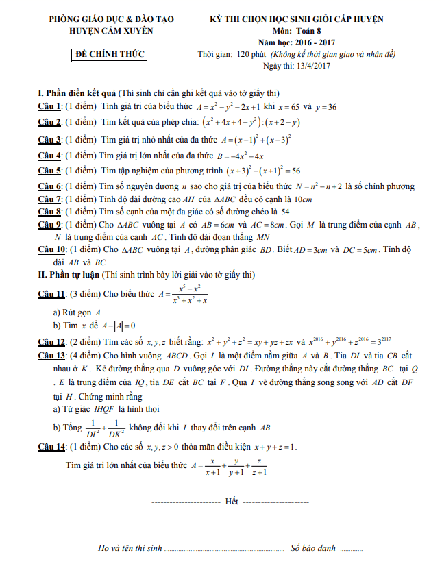 Đề thi HSG cấp huyện Toán 8 năm 2016 – 2017 phòng GD&ĐT Cẩm Xuyên – Hà Tĩnh