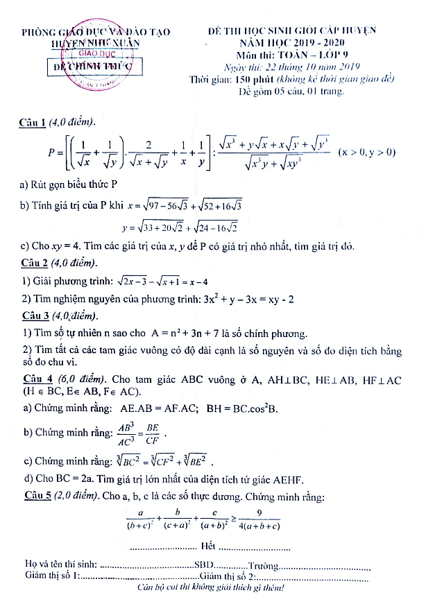 Đề thi HSG cấp huyện Toán 9 năm 2019 – 2020 phòng GD&ĐT Như Xuân – Thanh Hoá
