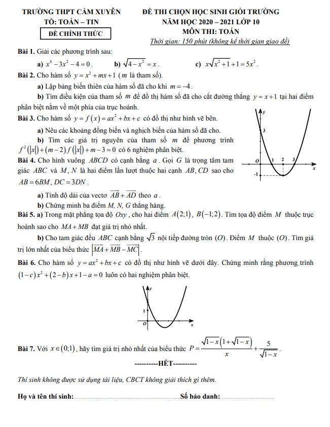 Đề thi HSG cấp trường Toán 10 năm 2020 – 2021 trường Cẩm Xuyên – Hà Tĩnh