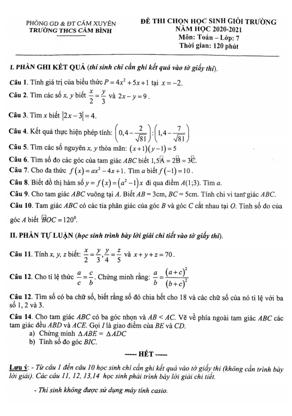 Đề thi HSG cấp trường Toán 7 năm 2020 – 2021 trường THCS Cẩm Bình – Hà Tĩnh