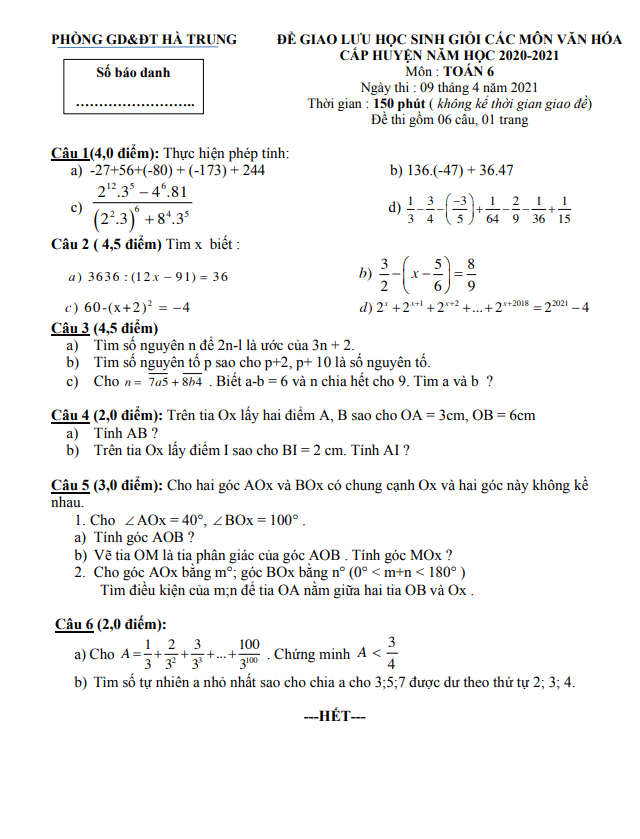 Đề thi HSG huyện Toán 6 năm 2020 – 2021 phòng GD&ĐT Hà Trung – Thanh Hóa