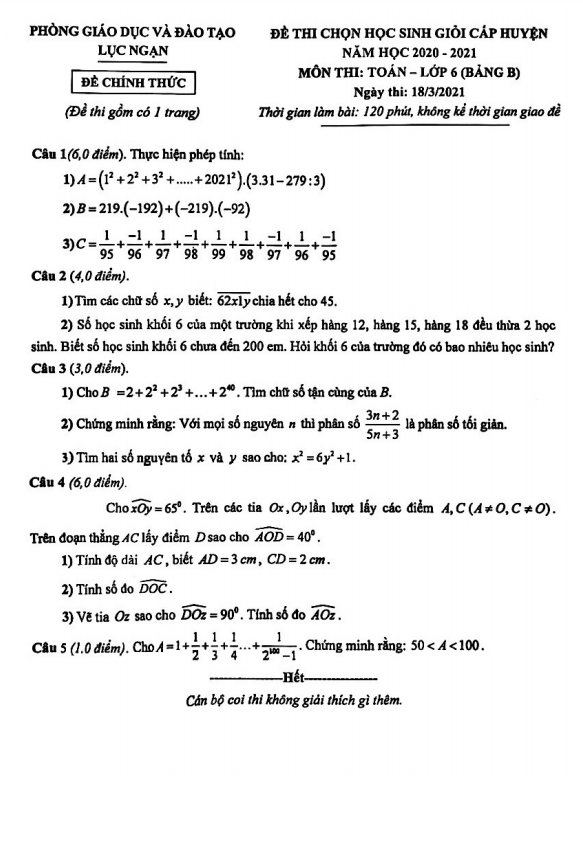 Đề thi HSG huyện Toán 6 năm 2020 – 2021 phòng GD&ĐT Lục Ngạn – Bắc Giang