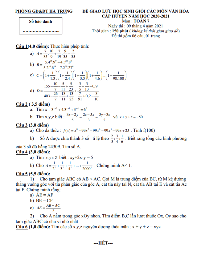 Đề thi HSG huyện Toán 7 năm 2020 – 2021 phòng GD&ĐT Hà Trung – Thanh Hóa