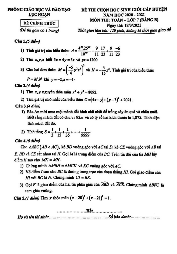 Đề thi HSG huyện Toán 7 năm 2020 – 2021 phòng GD&ĐT Lục Ngạn – Bắc Giang