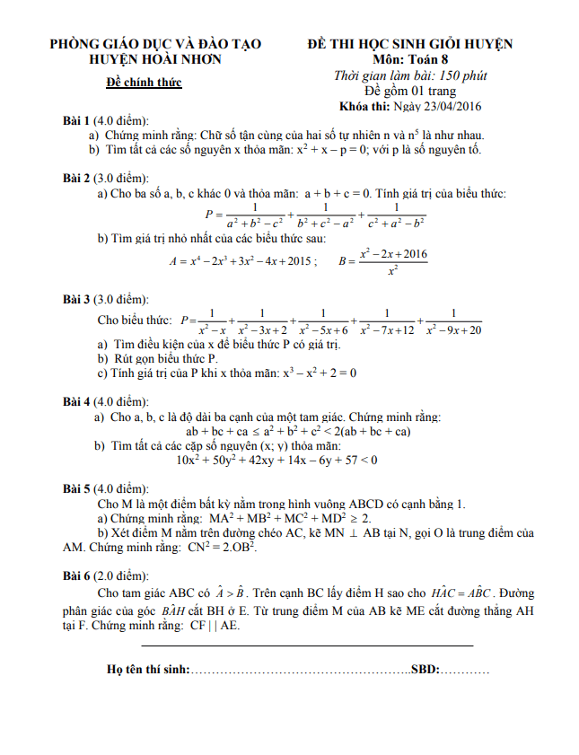 Đề thi HSG huyện Toán 8 năm 2015 – 2016 phòng GD&ĐT Hoài Nhơn – Bình Định