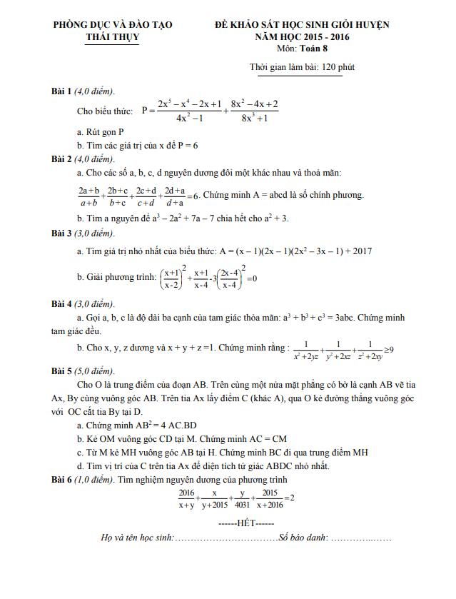 Đề thi HSG huyện Toán 8 năm 2015 – 2016 phòng GD&ĐT Thái Thụy – Thái Bình