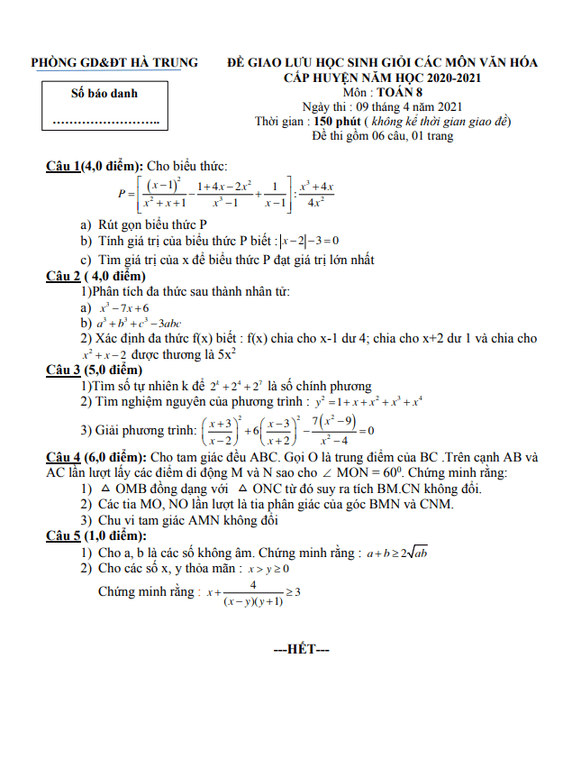 Đề thi HSG huyện Toán 8 năm 2020 – 2021 phòng GD&ĐT Hà Trung – Thanh Hóa