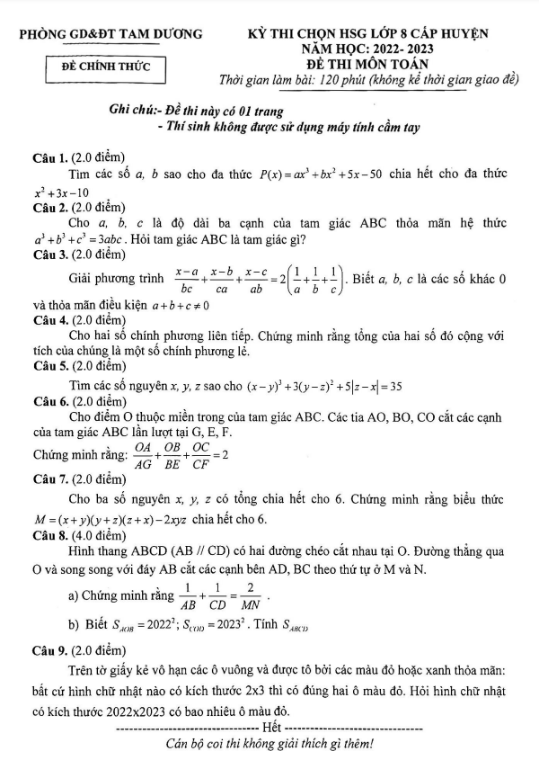 Đề thi HSG huyện Toán 8 năm 2022 – 2023 phòng GD&ĐT Tam Dương – Vĩnh Phúc