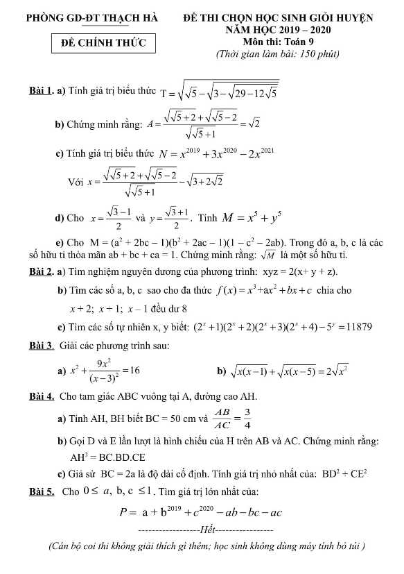 Đề thi HSG huyện Toán 9 năm 2019 – 2020 phòng GD&ĐT Thạch Hà – Hà Tĩnh