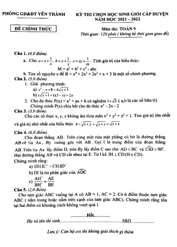 Đề thi HSG huyện Toán 9 năm 2021 – 2022 phòng GD&ĐT Yên Thành – Nghệ An