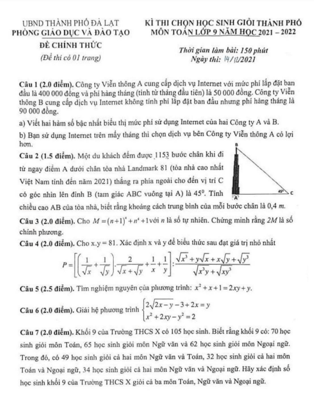 Đề thi HSG thành phố Toán 9 năm 2021 – 2022 phòng GD&ĐT Đà Lạt – Lâm Đồng
