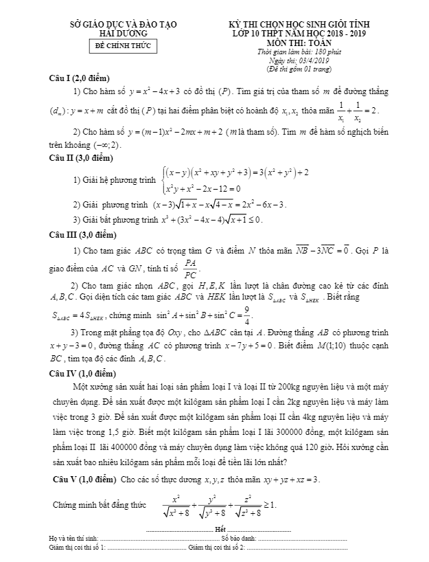 Đề thi HSG tỉnh Toán 10 THPT năm 2018 – 2019 sở GD&ĐT Hải Dương