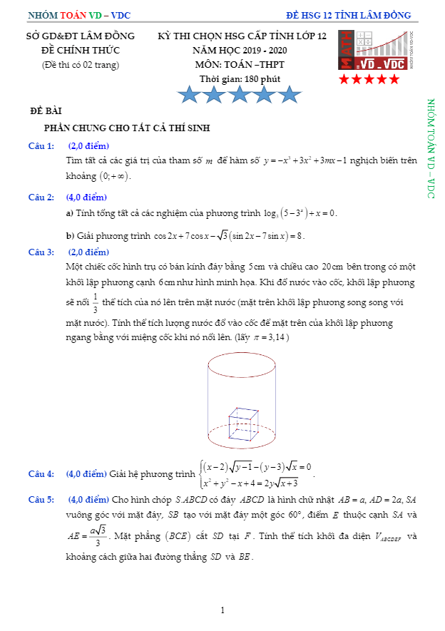 Đề thi HSG tỉnh Toán 12 năm 2019 – 2020 sở GD&ĐT Lâm Đồng
