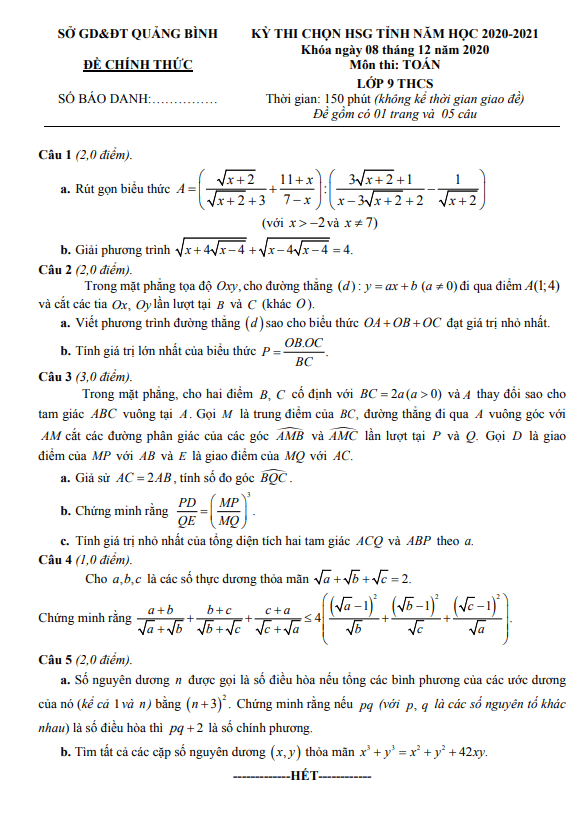 Đề thi HSG tỉnh Toán 9 năm học 2020 – 2021 sở GD&ĐT Quảng Bình