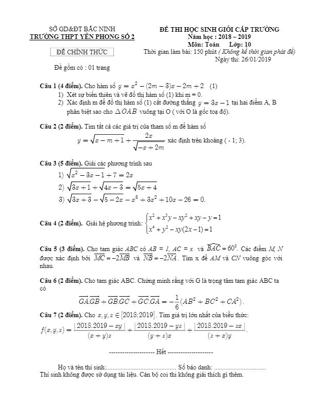 Đề thi HSG Toán 10 cấp trường năm 2018 – 2019 trường Yên Phong 2 – Bắc Ninh