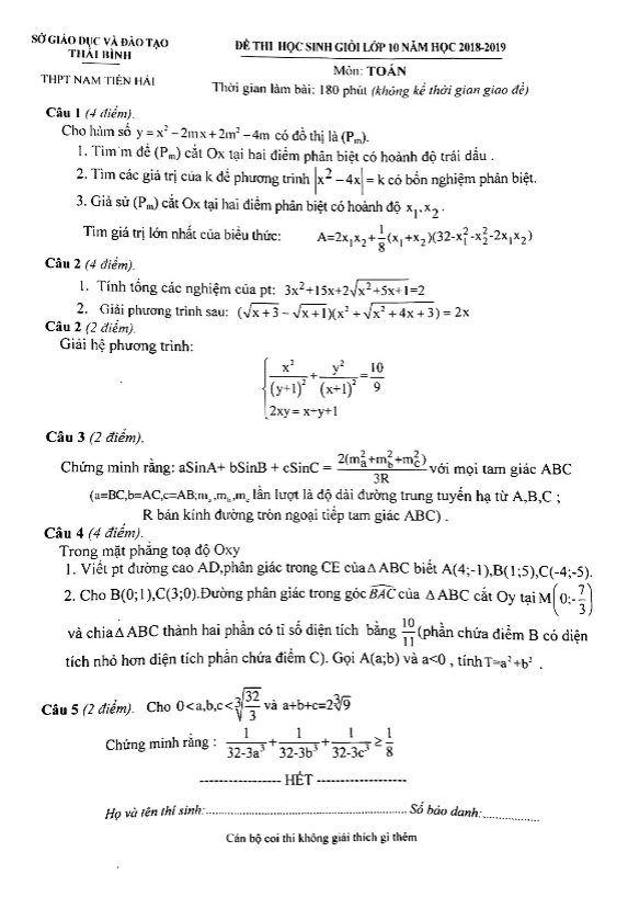 Đề thi HSG Toán 10 năm 2018 – 2019 trường THPT Nam Tiền Hải – Thái Bình