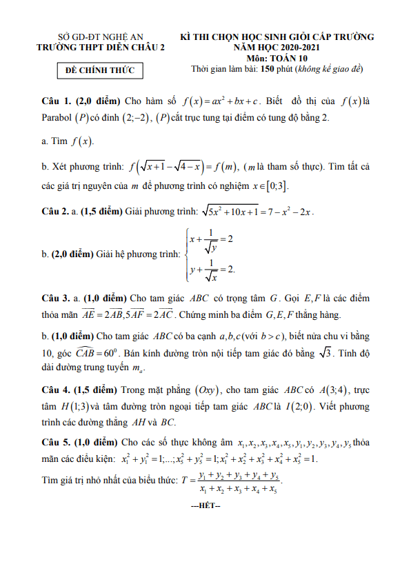 Đề thi HSG Toán 10 năm 2020 – 2021 trường THPT Diễn Châu 2 – Nghệ An