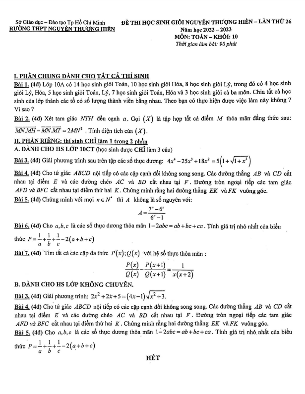 Đề thi HSG Toán 10 năm 2022 – 2023 trường THPT Nguyễn Thượng Hiền – TP HCM