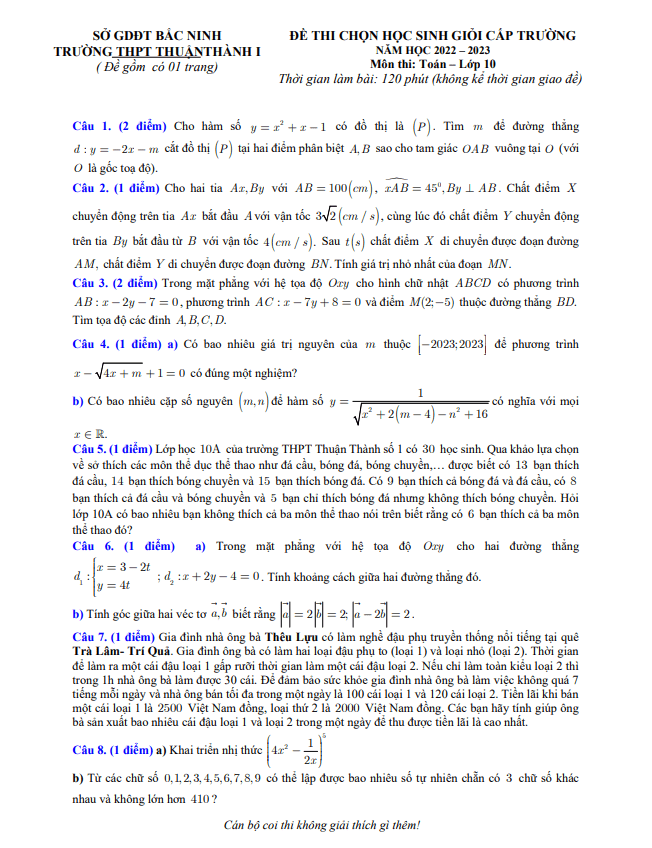 Đề thi HSG Toán 10 năm 2022 – 2023 trường THPT Thuận Thành 1 – Bắc Ninh
