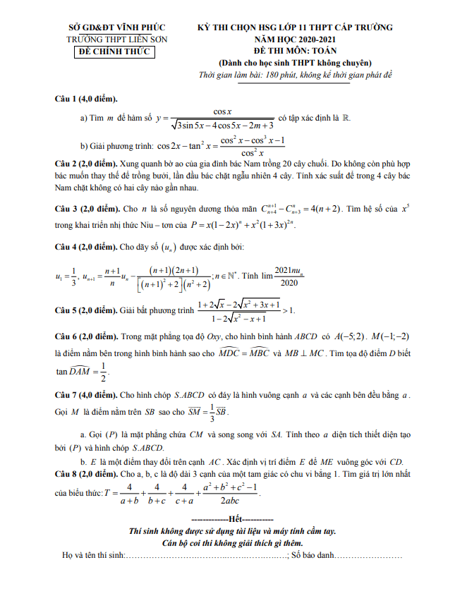 Đề thi HSG Toán 11 cấp trường năm 2020 – 2021 trường Liễn Sơn – Vĩnh Phúc