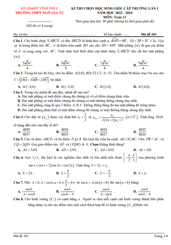 Đề thi HSG Toán 11 lần 1 năm 2023 – 2024 trường THPT Ngô Gia Tự – Vĩnh Phúc