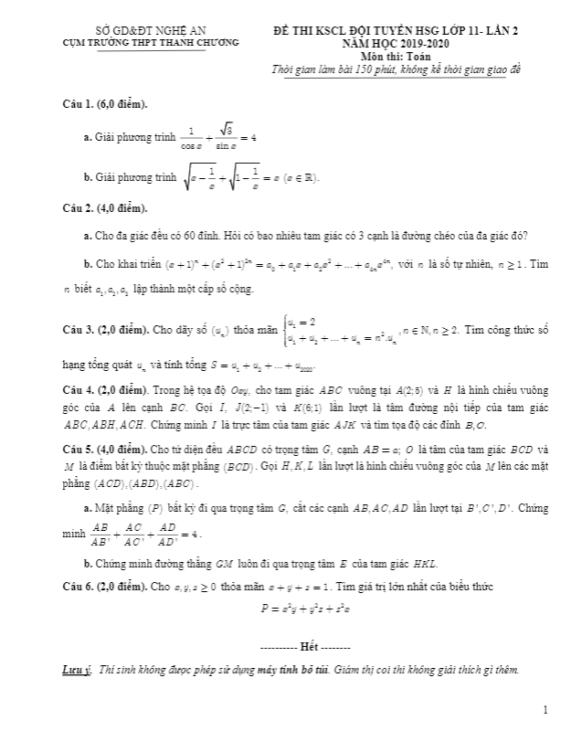 Đề thi HSG Toán 11 lần 2 năm 2019 – 2020 cụm trường THPT Thanh Chương – Nghệ An