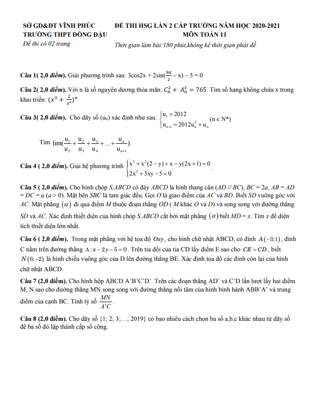 Đề thi HSG Toán 11 lần 2 năm 2020 – 2021 trường THPT Đồng Đậu – Vĩnh Phúc