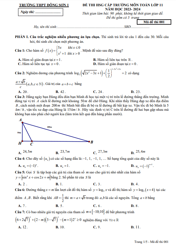 Đề thi HSG Toán 11 năm 2023 – 2024 trường THPT Đông Sơn 1 – Thanh Hóa
