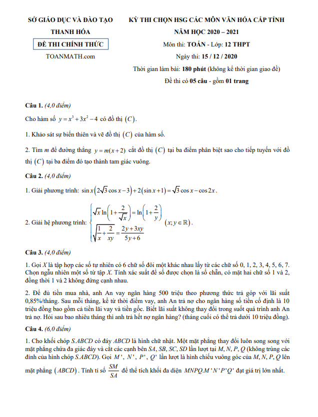 Đề thi HSG Toán 12 cấp tỉnh năm 2020 – 2021 sở GD&ĐT Thanh Hóa